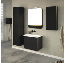 Modernes Badezimmer mit Waschtischunterschrank, Spiegelschrank und Hochschrank in dunkler Ausführung