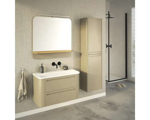 Badezimmer-Szene mit Waschtischunterschrank, Spiegel, Hängeschrank und Dusche