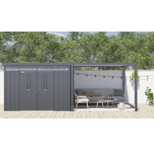 Szene mit einem Gartenhaus mit Anbau und Sitzgelegenheit im Freien.
