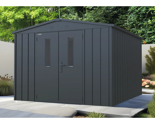 Gartenhaus Konsta Premium Satteldachhaus 8,5 m² 284 x 300 cm schwarz Metall Gerätehaus mit Doppeltür und Fenstern im Garten