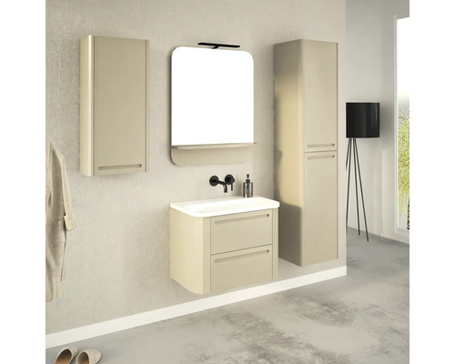 Badezimmerensemble mit Waschtischunterschrank, Spiegelschrank und Hochschrank für eine moderne Badezimmergestaltung.