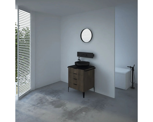 Modernes Badezimmer mit Waschtischunterschrank, Aufsatzwaschbecken, Spiegel und Badewanne.