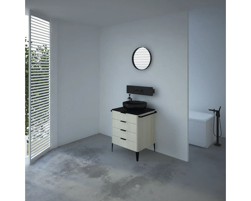 Helles Badezimmer mit Waschtischunterschrank, Aufsatzwaschbecken und rundem Spiegel