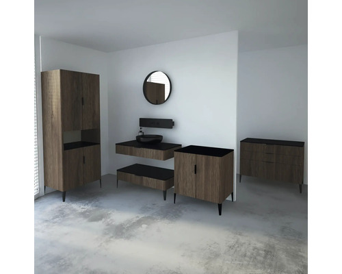 Badezimmer-Set mit Waschtisch, Spiegelschrank, Waschbecken und Kommode in modernem Design.
