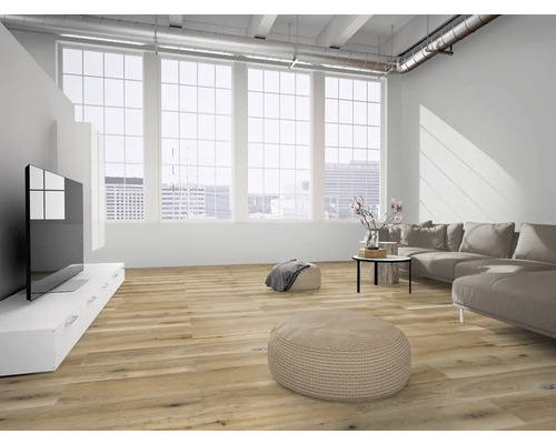 Heller Wohnraum mit Sofa, Fernseher und Holzboden