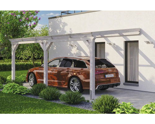 Carport aus Holz mit Auto vor einem Haus