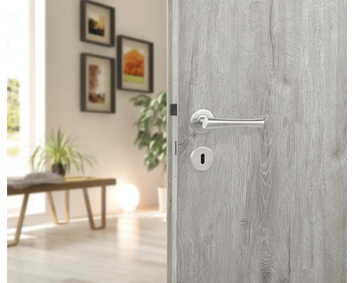 Zimmertür mit Drückergarnitur in Wohnraumansicht