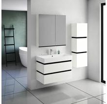 Modernes Badezimmer mit Waschtisch, Spiegelschrank und Hochschrank in Weiß und Grau