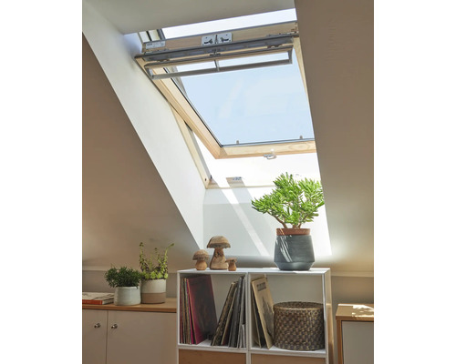 Dachfenster in einem Dachzimmer mit Pflanzen und Regalen