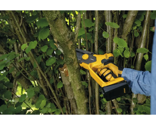 Akkubetriebene Astsäge im Einsatz zum Schneiden eines Astes
