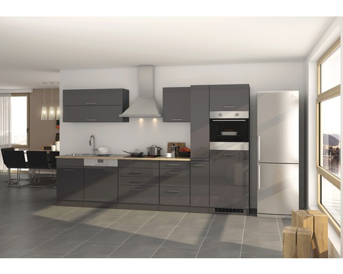 Küchenzeile Held Möbel Mailand 623.1.6211 grau/grafit 330 cm inkl. Einbaugeräte Moderne Küche mit grauen Schränken, Dunstabzugshaube und Kühlschrank