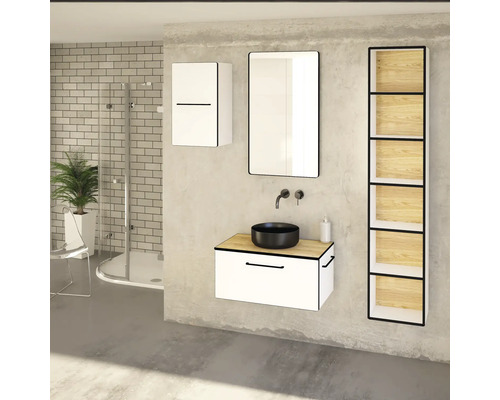 Badezimmer mit Waschbecken, Spiegelschrank, Hängeschrank und Regal