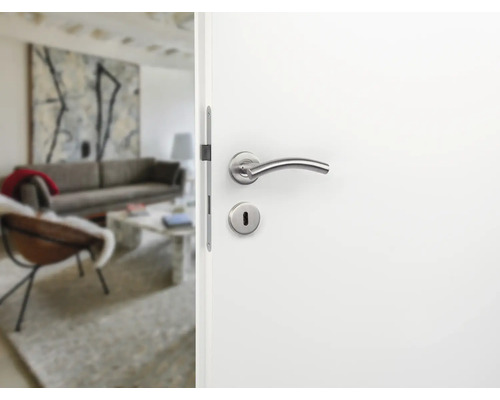Geöffnete weiße Tür mit silberfarbenem Türgriff und Blick auf ein Wohnzimmer