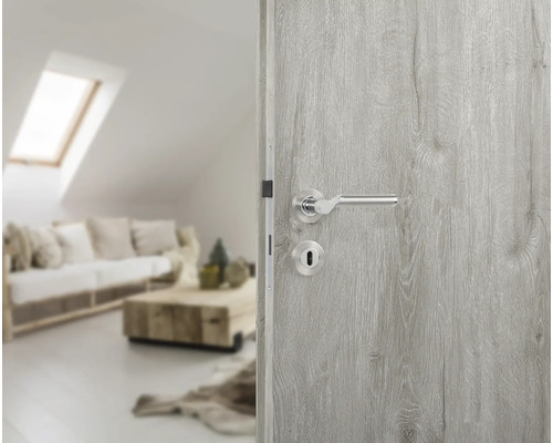 Graue Holztür mit Türgriff in einem Wohnzimmer