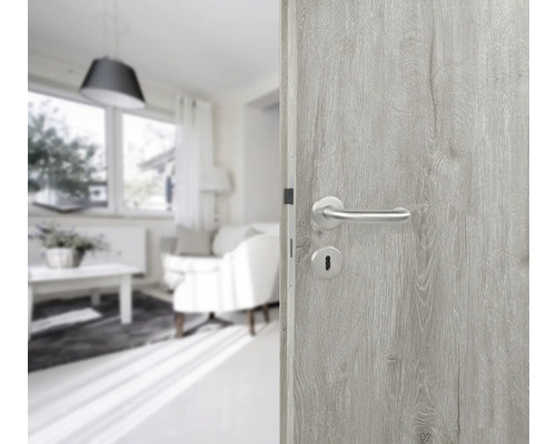 Geöffnete Zimmertür mit silberfarbenem Griff und Schloss