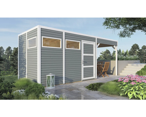Gartenhaus Bertilo Cubo 3 inkl. Anbaudach und Fußboden 560 x 240 cm hellgrau exclusiv bei Hornbach