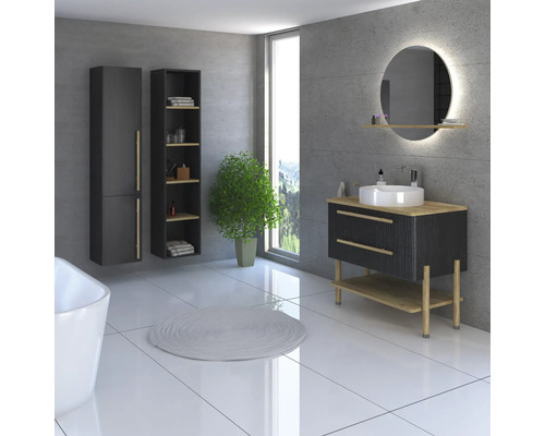 Badezimmer mit Waschtisch, Spiegel, Badezimmerschrank und Pflanze