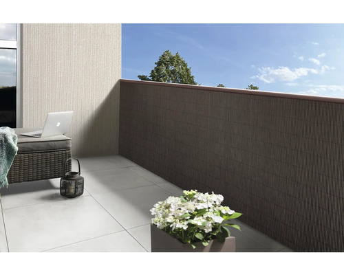 Balkonszene mit Sichtschutz, Pflanztopf und Laptop