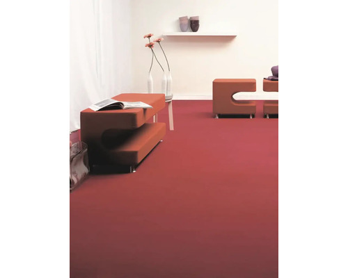 Wohnzimmer mit rotem Teppichboden und modernen Möbeln