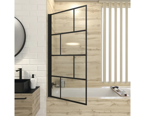 Badewannenfaltwand Aurlane Bricks 1-teilig 800x1400 mm Echtglas Kalr hell schwarz Badezimmer mit Badewannenaufsatz aus Glas mit schwarzem Rahmen