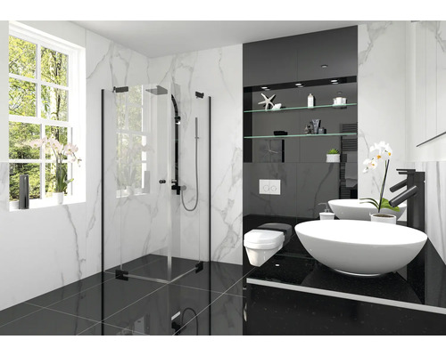Modernes Badezimmer mit Dusche, Waschtisch und WC in Schwarz-Weiß-Optik