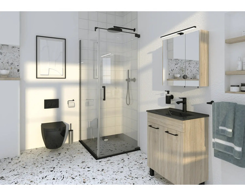 Modernes Badezimmer mit Dusche, Waschbeckenunterschrank und Wand-WC.