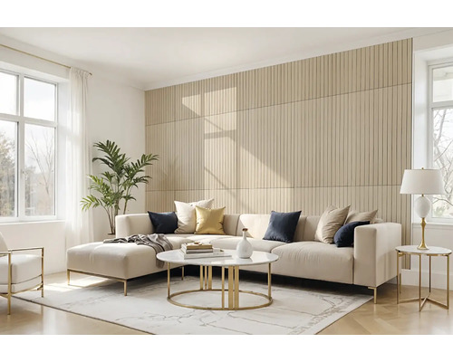 Helles Wohnzimmer mit Ecksofa, Couchtisch und Wandpaneelen