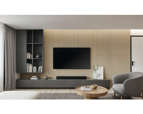 Wohnzimmer mit Fernseher, Regalen und Sitzmöbeln
