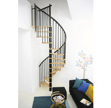 Wendeltreppe aus Holz und Metall in einem Wohnraum.