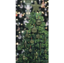 Geschmückter Weihnachtsbaum mit Stern, Kugeln und Lichtern