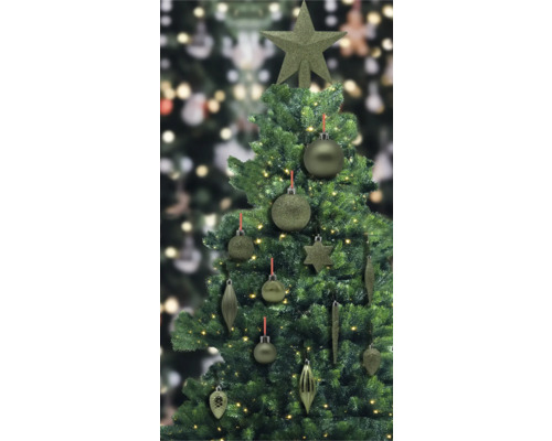 Geschmückter Weihnachtsbaum mit Stern, Kugeln und Lichtern
