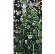 Geschmückter Weihnachtsbaum mit Stern, Kugeln und Eiszapfen