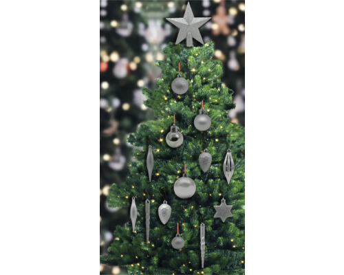 Geschmückter Weihnachtsbaum mit Stern, Kugeln und Eiszapfen