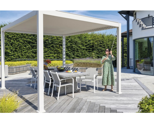Pergola Mirador Deluxe 111 3x3 300 x 300 cm grau Terrasse mit Pergola, Tisch und Stühlen im Garten