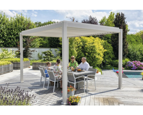 Pergola Mirador Deluxe 111 3x4 300 x 400 cm grau Szene im Garten mit Pergola, Esstisch und Familie