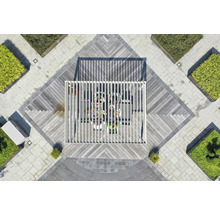 Draufsicht einer Gartenszene mit Terrasse, Pergola und Bepflanzung