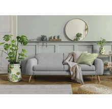 Wohnzimmer mit grauem Sofa, Zimmerpflanzen, rundem Spiegel und Holzboden