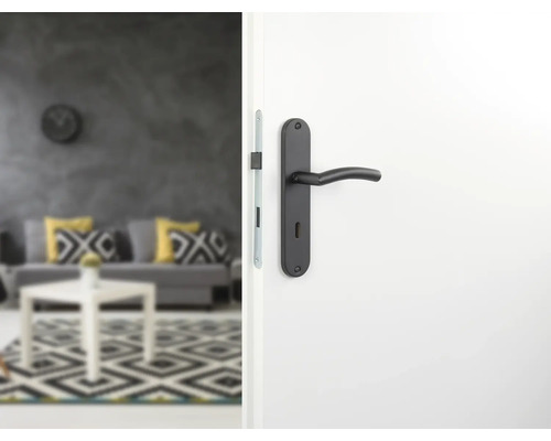 Schwarze Innentür mit Beschlag in Wohnraumumgebung