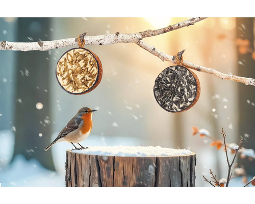 Rotkehlchen auf Baumstumpf mit zwei hängenden Futterspendern für Vögel mit Sonnenblumenkernen und Mehlwürmern