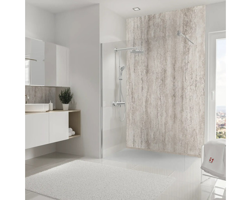 Modernes Badezimmer mit Dusche, Waschtisch und großem Spiegel