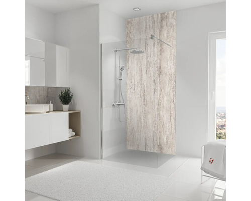 Modernes Badezimmer mit Duschabtrennung aus Glas, Waschtisch und Badteppich