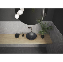 Modernes Badezimmer mit Aufsatzwaschbecken, Holzablage und Spiegel