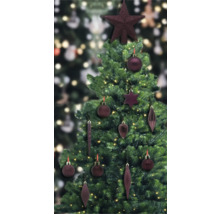 Geschmückter Weihnachtsbaum mit Stern, Kugeln und Anhängern
