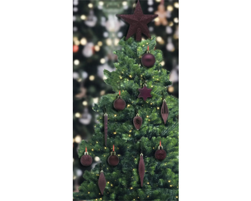 Geschmückter Weihnachtsbaum mit Stern, Kugeln und Anhängern
