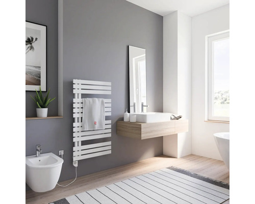 Designheizkörper Schulte Breda 1060x600 mm alpinweiß Helles Badezimmer mit Handtuchheizkörper, Waschtisch und Bidet