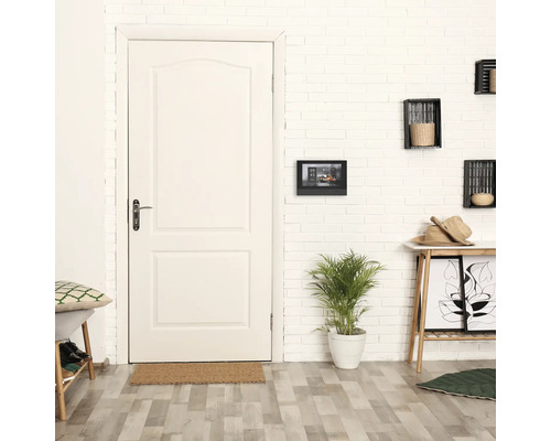 Flur mit weißer Tür, Fußmatte, Bank, Pflanze und Wanddekorationen