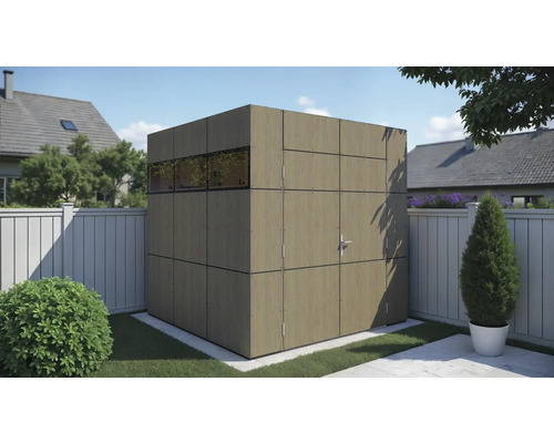 Gartenhaus Bertilo Trespa HPL Design 1 231 x 236 cm Milano Grigio Holzoptik Gartenschrank aus Holz mit Tür und Fenster im Garten