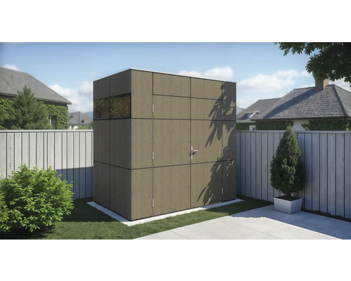 Gartenhaus Bertilo Trespa HPL Design Mini 231 x 165 cm Milano Grigio Holzoptik Modernes Gartenhaus aus Holz mit Fenster und Tür im Außenbereich.