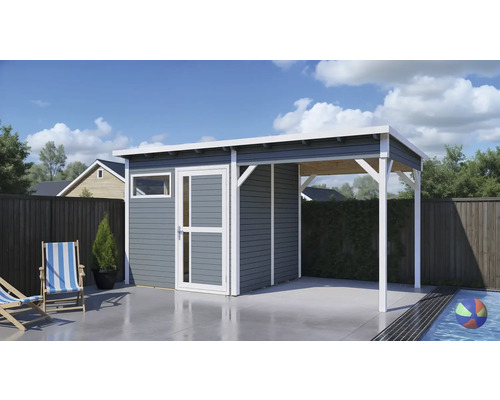 Gartenhaus Bertilo Pentus 2 inkl. Fußboden, Schleppdach 470 x 266 cm hellgrau Gartenhaus mit überdachter Terrasse neben einem Pool