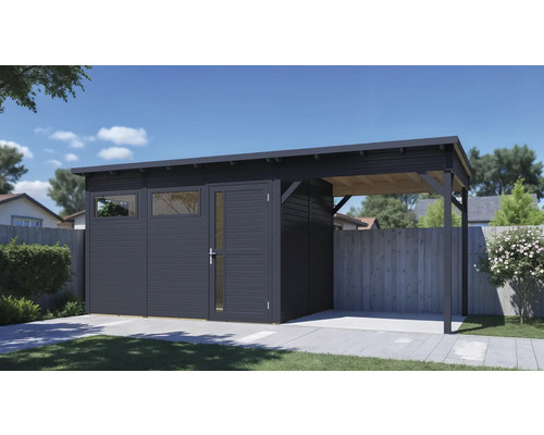 Gartenhaus Bertilo Pentus 3L inkl. Fußboden, Schleppdach 582 x 266 cm anthrazit Holzgartenhaus mit Carport-Anbau im Außenbereich.